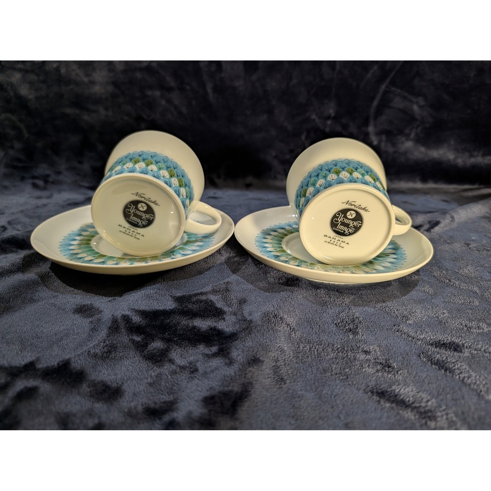 Noritake Younger Image Bahama Coffee Cups Saucers Set of 2 Blue Green Floral MCM - Picture 3 of 10